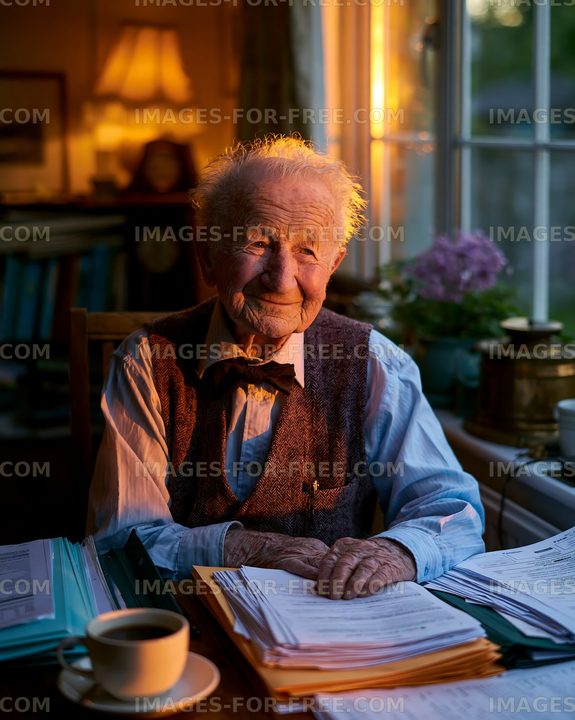 Elderly man smiling at desk surrounded by documents