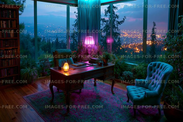 Cozy home study overlooking a city at dusk