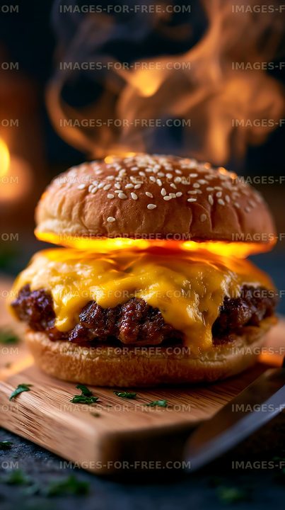 Gourmet cheeseburger on wooden board