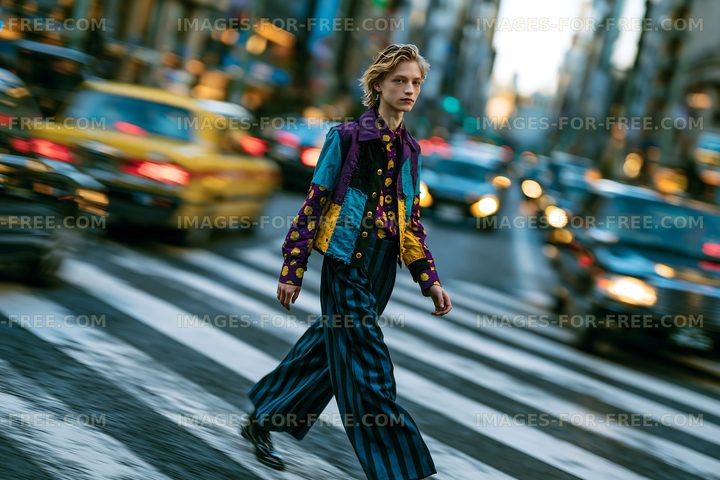Colorful street fashion on a busy urban crosswalk