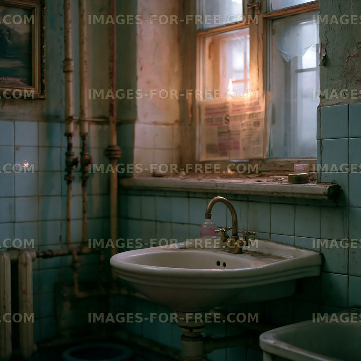 Weathered vintage bathroom interior with candlelit sink