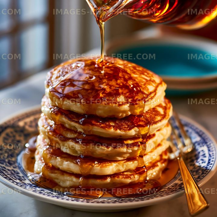 Golden syrup pouring over a pancake stack