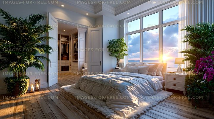 Bright luxury bedroom overlooking the ocean at sunset
