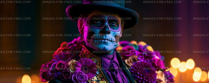 Colorful Sugar Skull Portrait with Flowers and Dramatic Lighting
