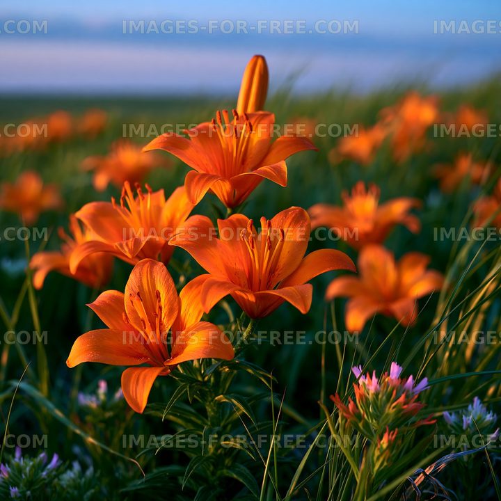 Bright orange lilies in a meadow at sunset