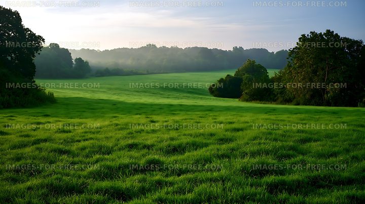 Misty green meadow and woodland in morning light