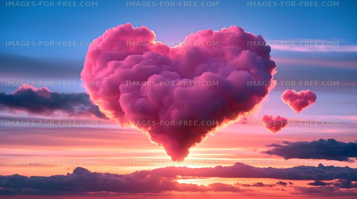 Heart-shaped pink cloud in a vivid sunset cloudscape
