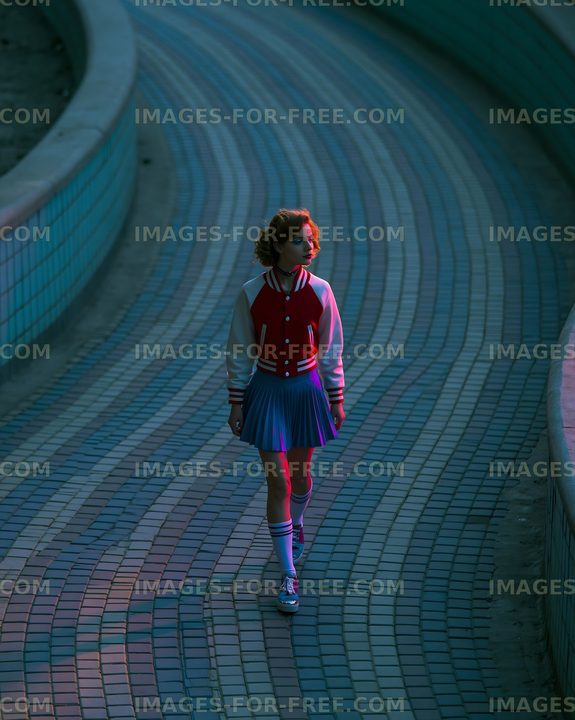 Woman in varsity jacket walking on tiled walkway