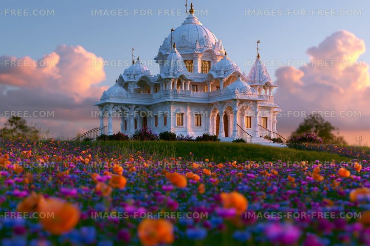 White domed temple surrounded by colorful flowers