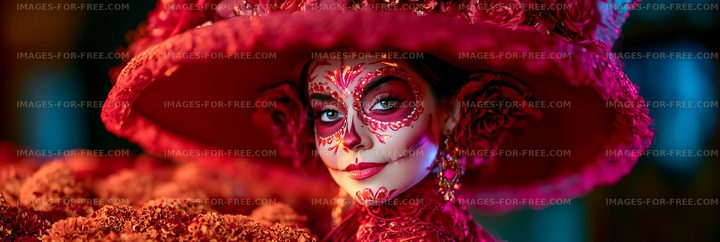Woman in sugar skull makeup wearing a large floral hat