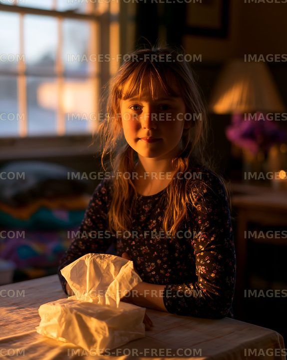 Child sitting at a table with cloths during evening light