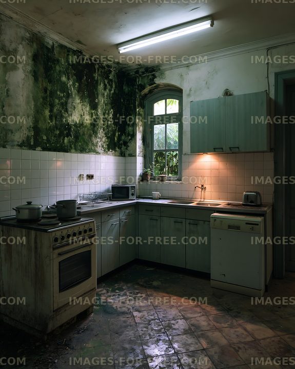 Old kitchen interior with mold, worn tiles, and aging appliances