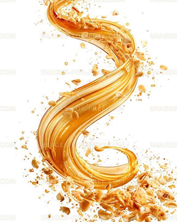 Glossy caramel swirl with scattered pieces on white