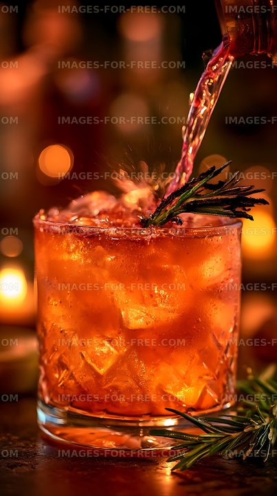 Refreshing orange drink with ice and rosemary in warm light