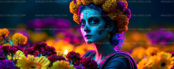 Colorful skull face paint portrait with marigold flower crown