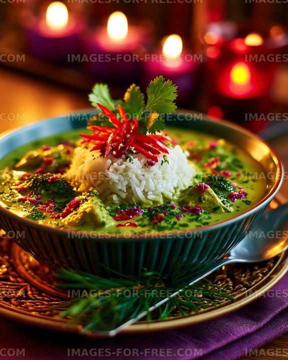 Colorful rice and green curry bowl with chili garnish