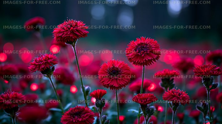 Vibrant red flowers bloom in a dark forest setting