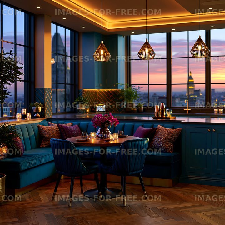 Warm modern lounge overlooking a city at sunset