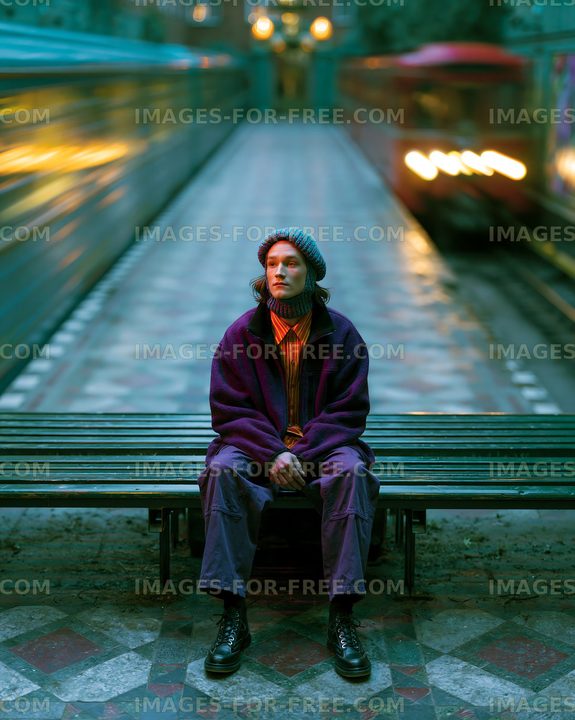 Seated person on a subway platform with blurred lights