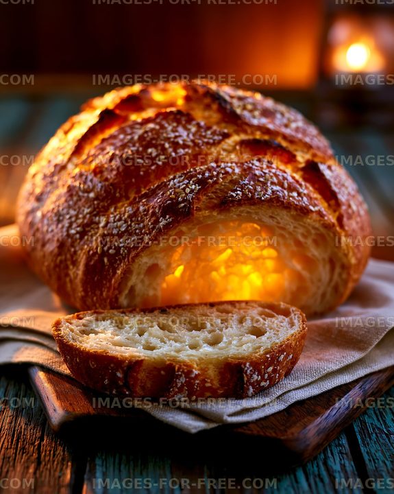 Rustic seeded loaf and slice in warm light