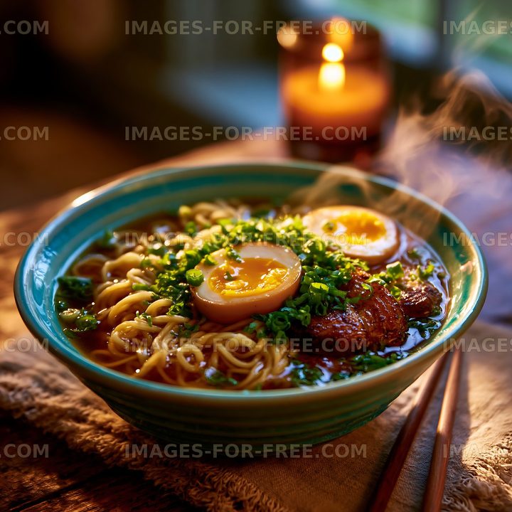 Noodle soup with soft egg and greens on a rustic table