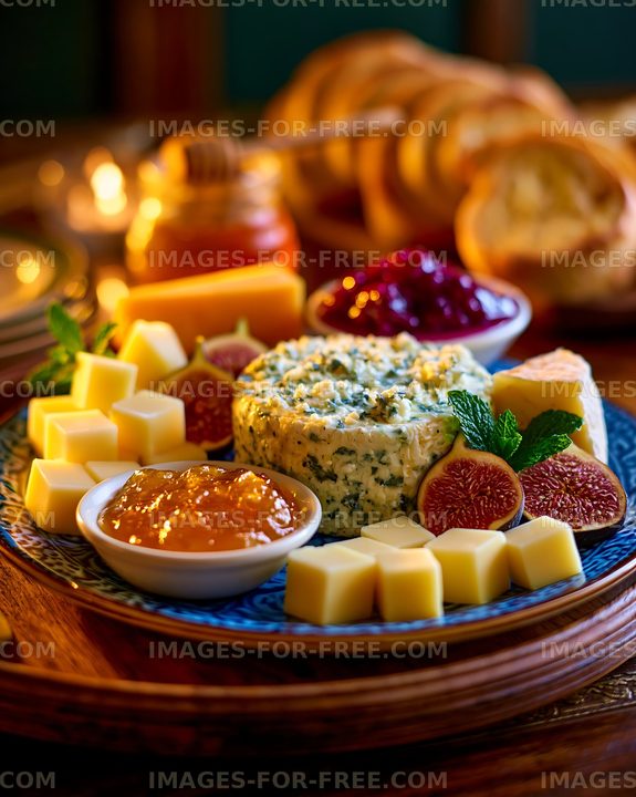 Gourmet cheese board with figs and fruit spread