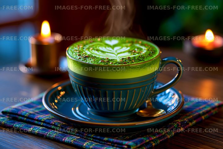 Steaming matcha latte surrounded by candlelight