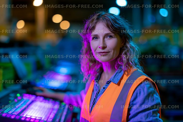 Industrial worker wearing reflective vest beside glowing control panel