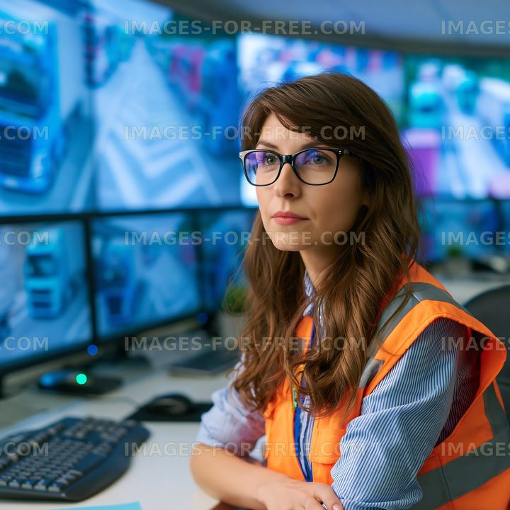 Professional woman at a multi-screen control workstation