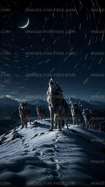 Wolves howl under a starry sky in a snowy landscape