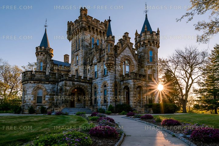 Historic Gothic stone mansion at golden hour