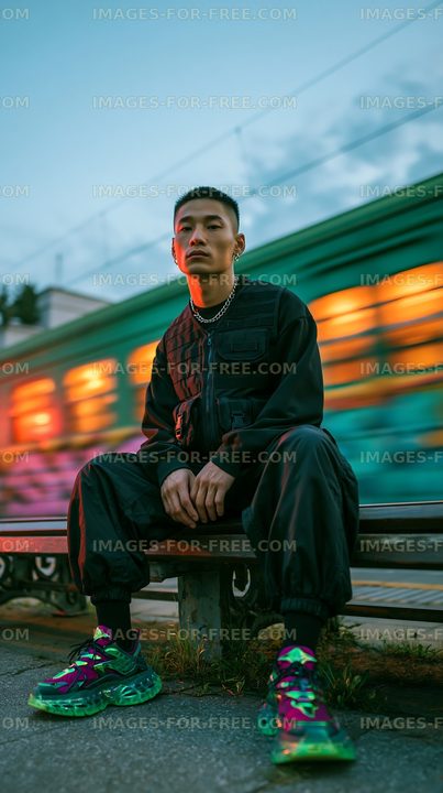 Urban portrait of a man seated beside a blurred train
