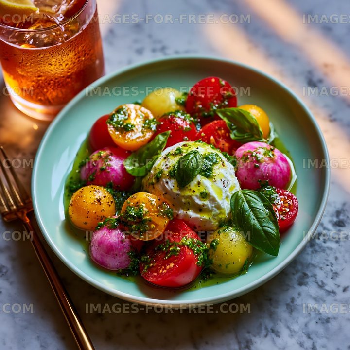 Fresh salad with tomatoes and cheese on a plate