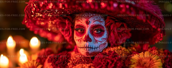Ornate skull face paint portrait surrounded by flowers