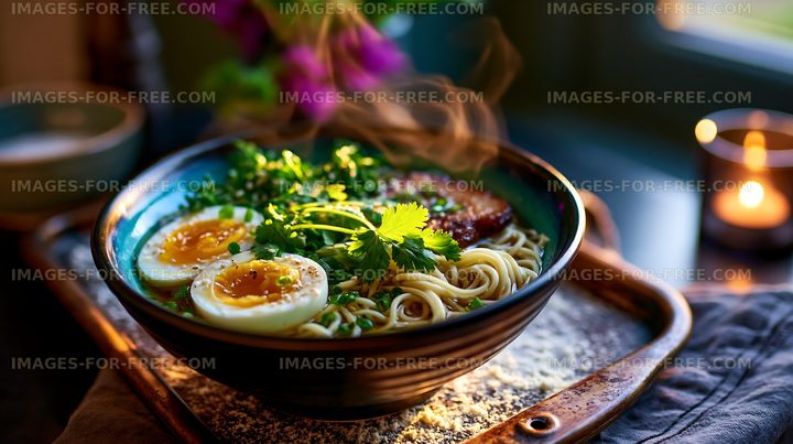 Steaming ramen bowl with egg and fresh herbs
