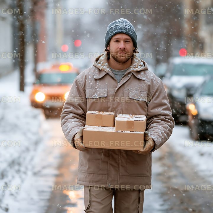 Delivery person carries packages in snowy urban setting