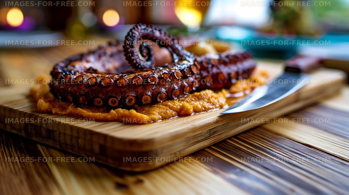 Close-up grilled octopus on a wooden serving board