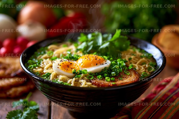 Hot noodle bowl topped with egg and herbs
