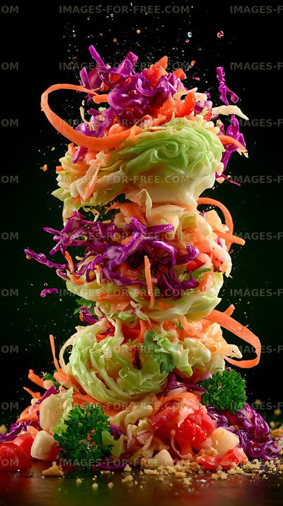 Vibrant layered vegetable salad with suspended food pieces