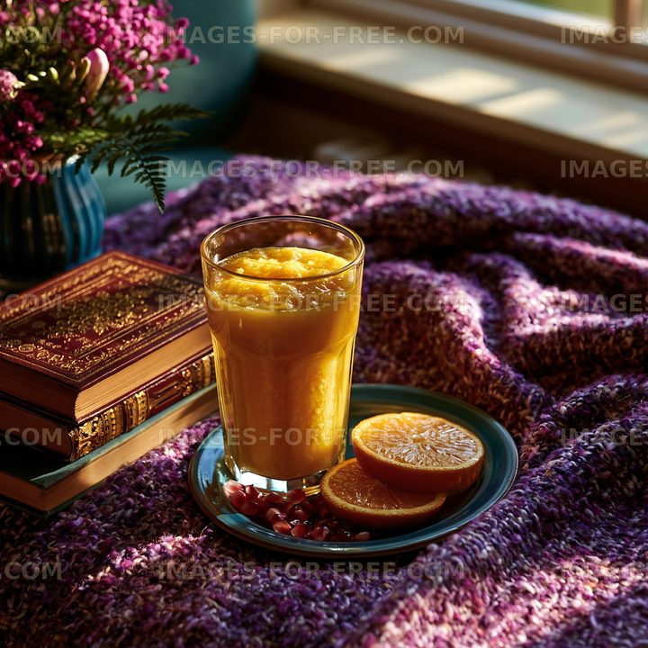 Orange juice and citrus fruit arranged in warm natural light