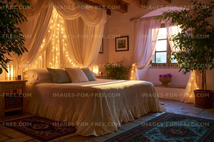 Warmly decorated bedroom with canopy curtains and plants