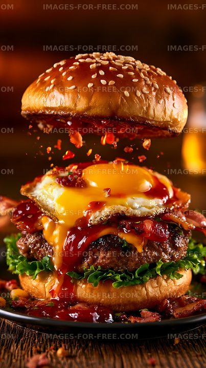 Loaded cheeseburger with bacon, egg, and dripping cheese