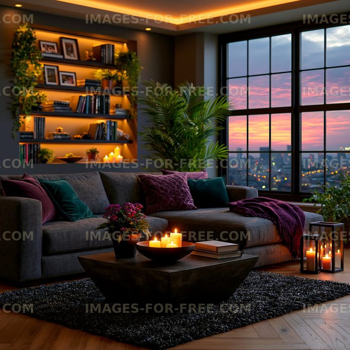 Warm modern lounge interior at sunset