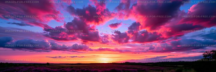 Colorful Panoramic Sunset and Cloudscape Over Countryside