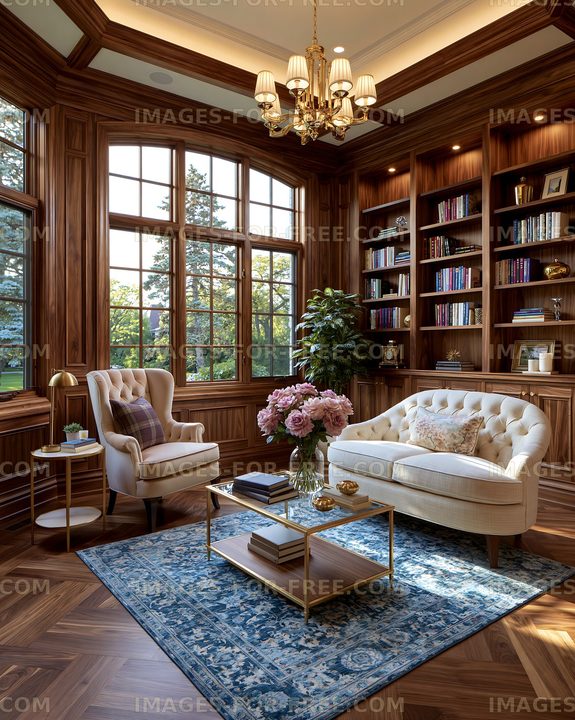 Warm traditional library living room with books and floral decor