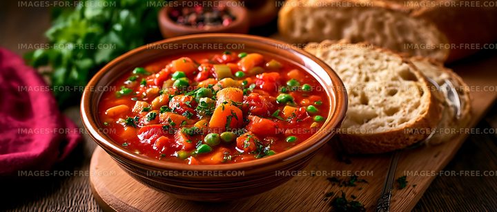Colorful homemade vegetable stew served with bread