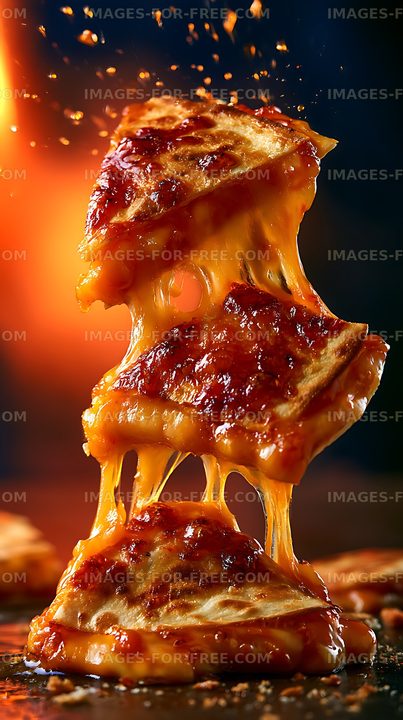 Close-up of stacked pizza slices and stretchy melted cheese