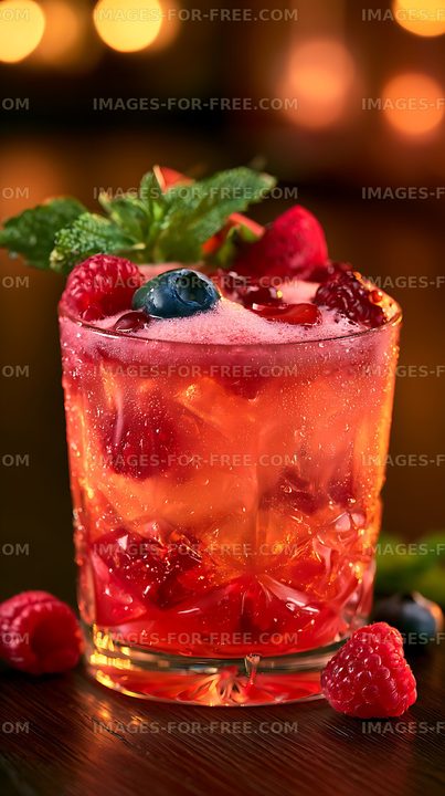 Close-up red berry drink with fresh fruit garnish