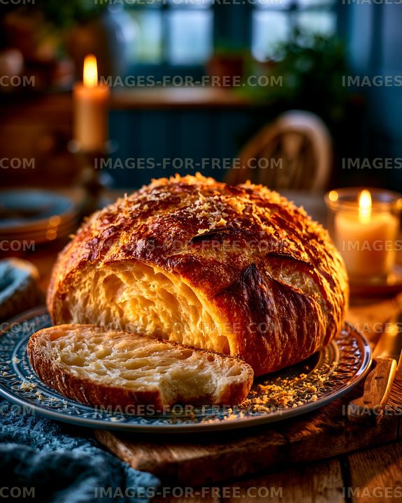 Rustic golden bread loaf and slice in warm candlelight