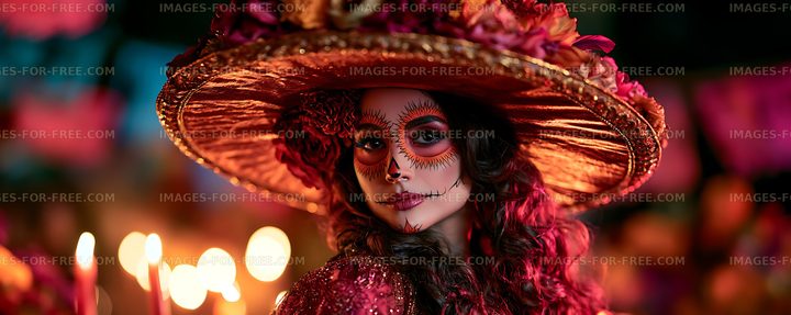 Woman wearing floral sombrero with decorative skull face paint